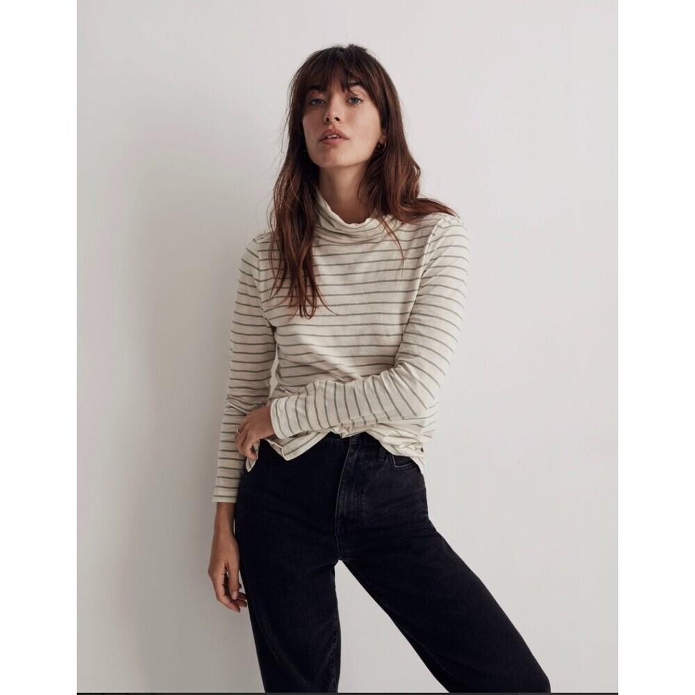 Madewell Whisper Cotton Turtleneck Ronnie Stripe Small Antique Cream Long Sleeve